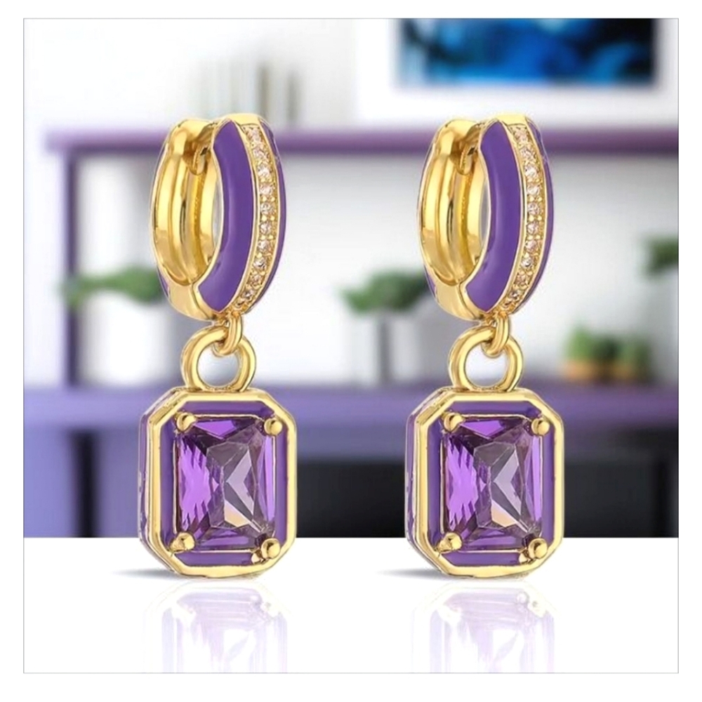 New Gold Plated Purple Enamel Amethyst Crystal Dangle Earrings